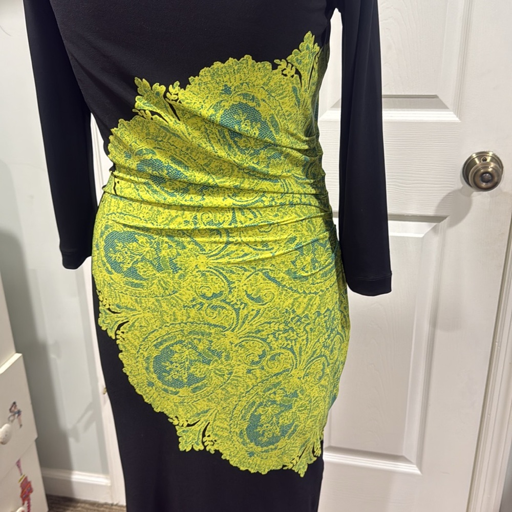 BCBGMaxazria Black dress with green/ lime color design in perfect condition - Picture 3 of 4